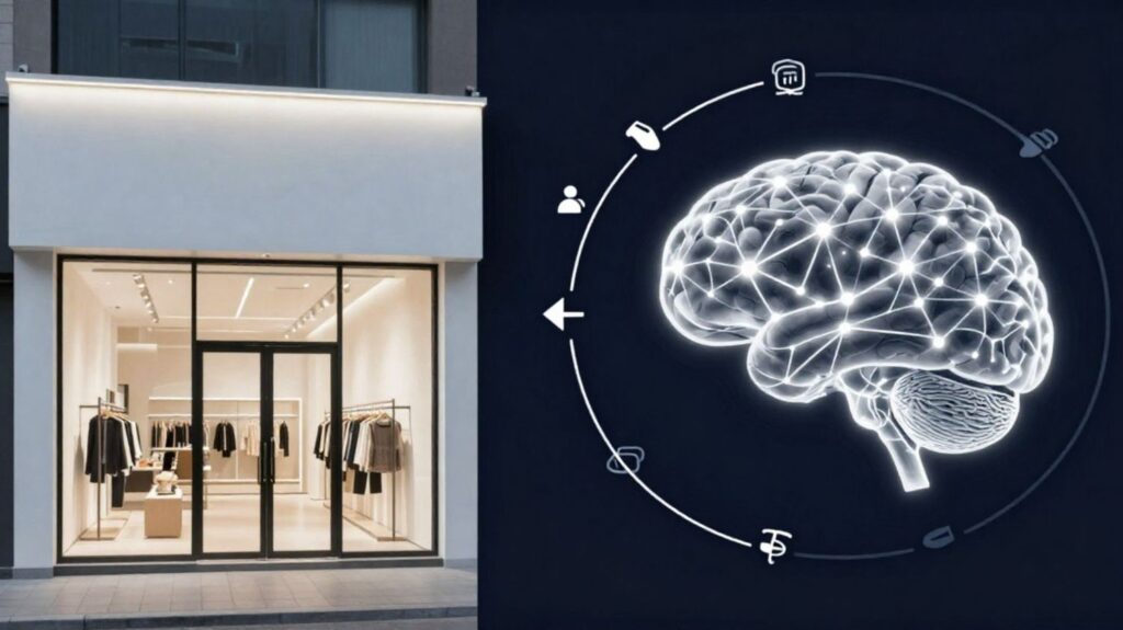 A conceptual split image showing a minimalist modern retail storefront on the left and a glowing neural network brain on the right, illustrating the psychological impact of retail branding and signage.