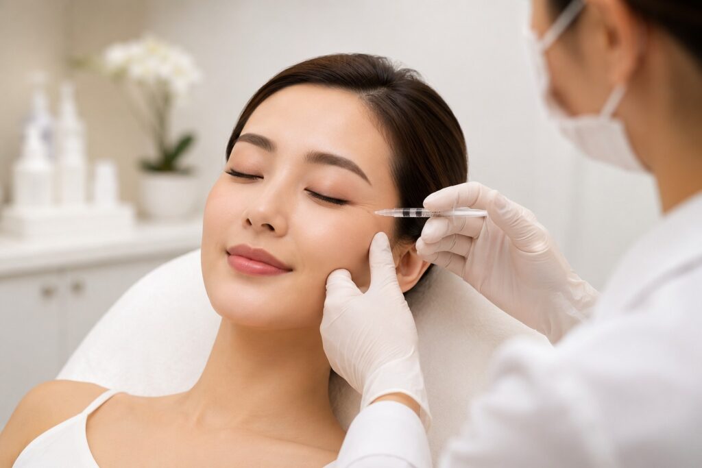 Woman receiving Botox facial injections from a medical aesthetic practitioner in a clean and modern aesthetic clinic setting.