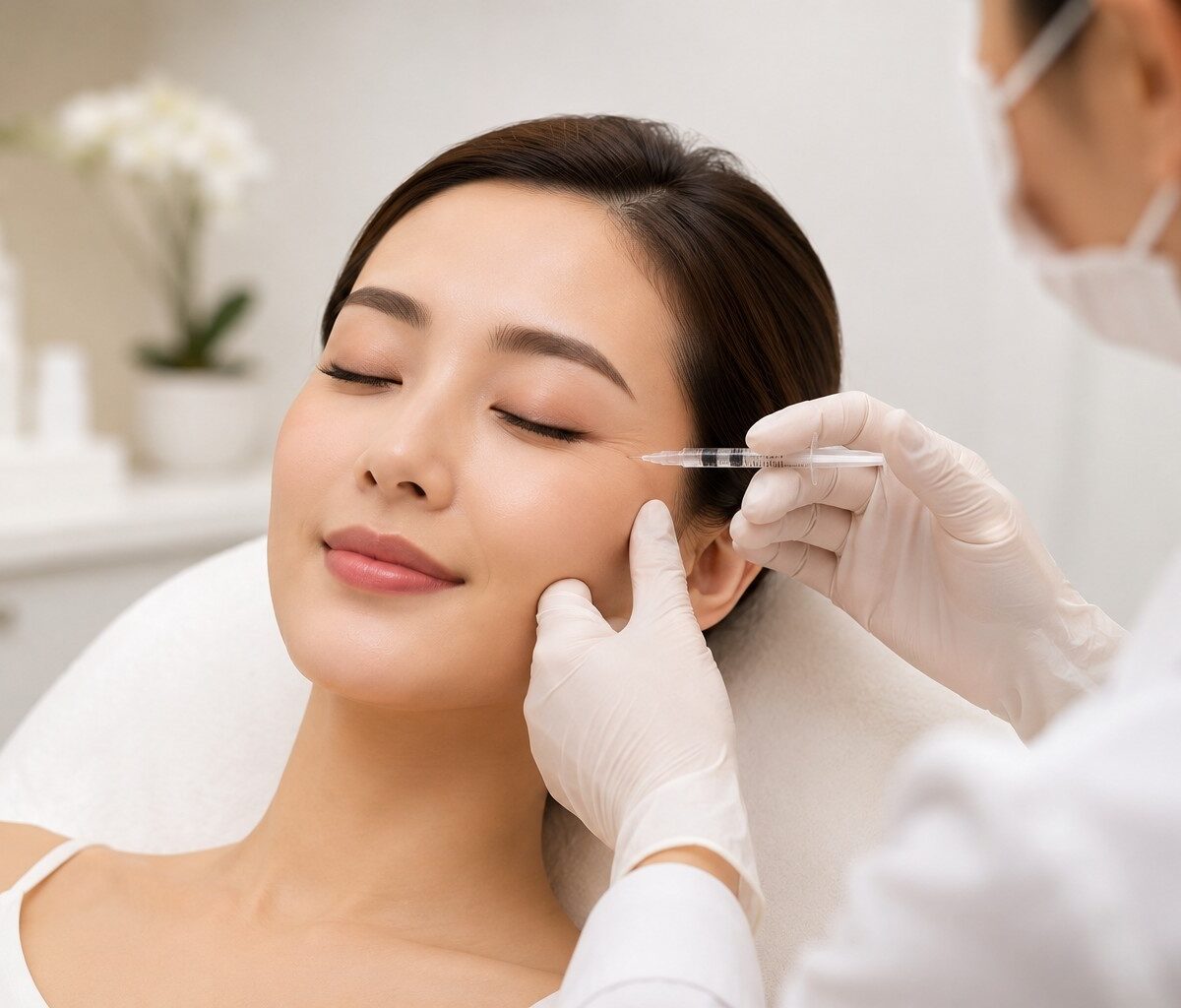 Woman receiving Botox facial injections from a medical aesthetic practitioner in a clean and modern aesthetic clinic setting.