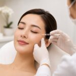 Woman receiving Botox facial injections from a medical aesthetic practitioner in a clean and modern aesthetic clinic setting.