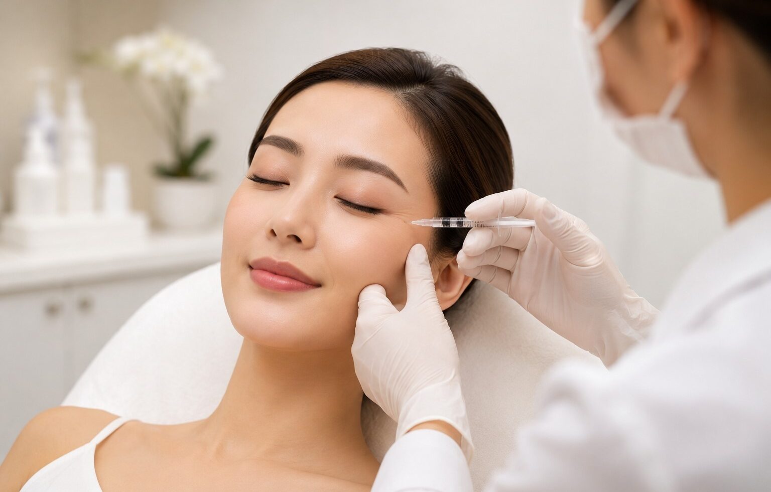 Woman receiving Botox facial injections from a medical aesthetic practitioner in a clean and modern aesthetic clinic setting.
